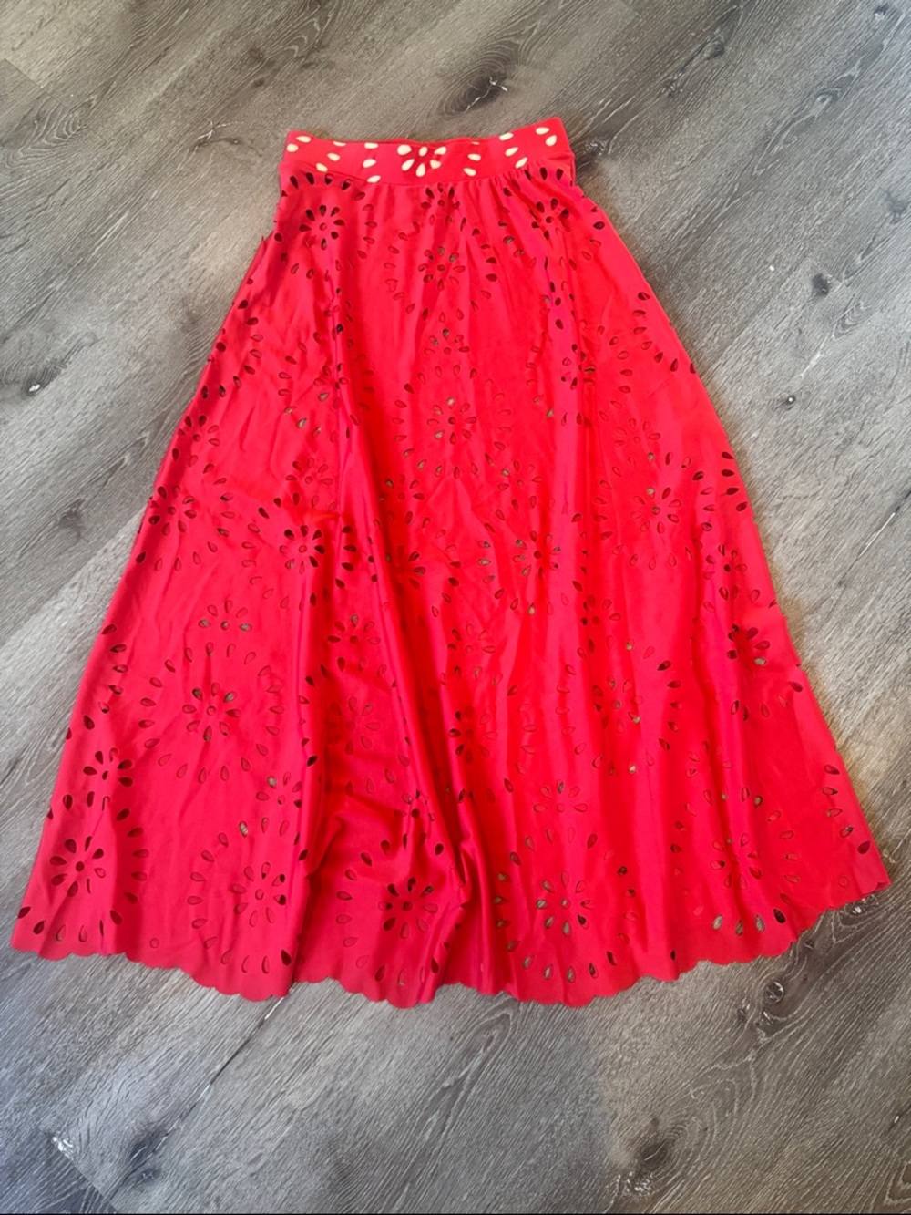 Red Laser-Cut A-Line Midi Skirt
